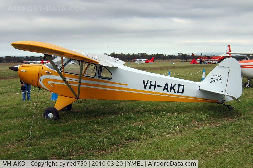 VH-AKD, 1949 Piper PA-11S Cub Special C/N 11-894, Piper Cub Special. Taken at Melton, Victoria, airfield, at the airshow commemorating the 100th anniversary of the first controlled powered flight in Australia on 18 March 1910 by Harry Houdini