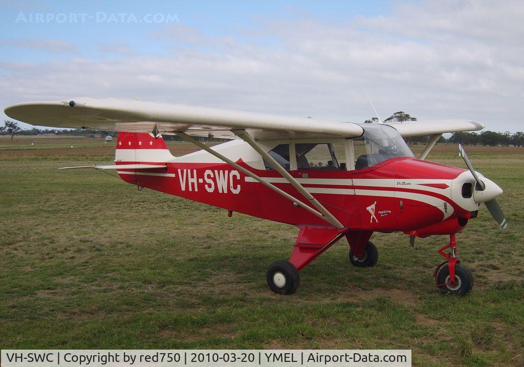 VH-SWC, 1957 Piper PA-22-150 C/N 22-5519, Piper PA-22 Tripacer. Taken at Melton, Victoria, airfield, at the airshow commemorating the 100th anniversary of the first controlled powered flight in Australia on 18 March 1910 by Harry Houdini