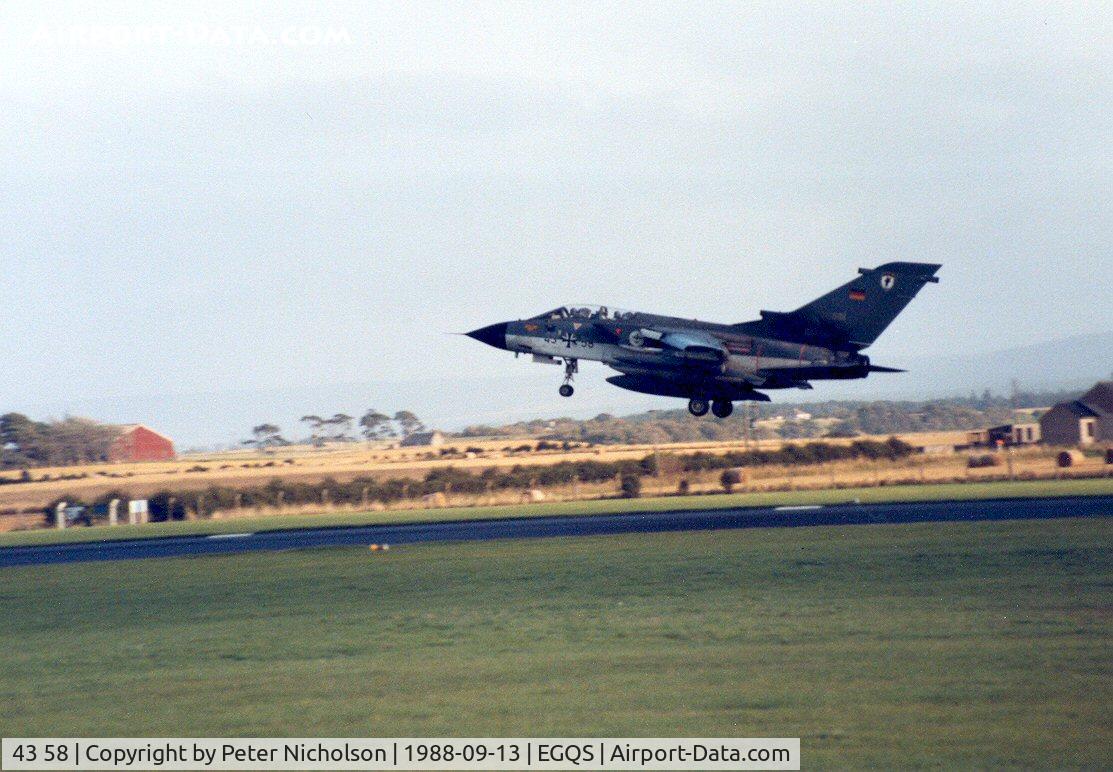 43 58, Panavia Tornado IDS C/N 155/GS031/4058, Tornado IDS of MFG-1 landing on Runway 05 at RAF Lossiemouth in September 1988.