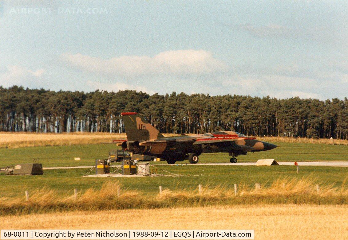 68-0011, 1968 General Dynamics F-111E Aardvark C/N A1-180, F-111E of 77th Tactical Fighter Squadron/20th Tactical Fighter Wing based at RAF Upper Heyford lined up for departure on Runway 05 at RAF Lossiemouth in September 1988.  This aircraft is now mounted on display at RAF Lakenheath with fake serial 72-448.
