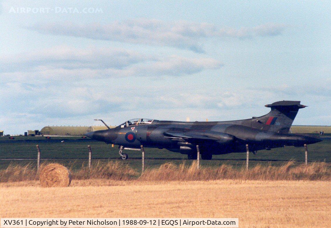 XV361, 1968 Hawker Siddeley Buccaneer S.2B C/N B3-11-67, Buccaneer S.2B of 208 Squadron taxying to Runway 05 at RAF Lossiemouth in September 1988.