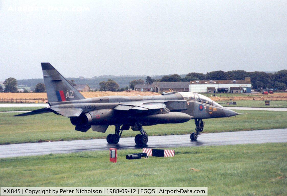 XX845, 1975 Sepecat Jaguar T.2 C/N B.33, Jaguar T.2 serving with 226 Operational Conversion Unit as seen at RAF Lossiemouth in September 1988.
