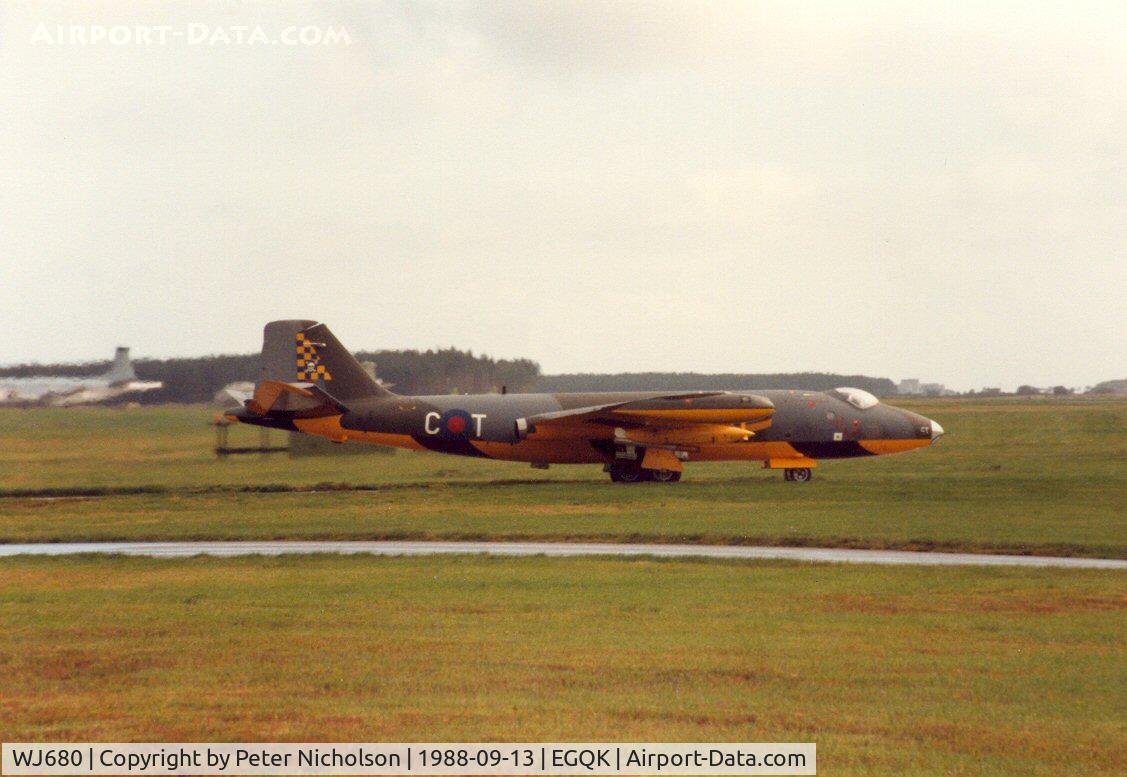 WJ680, 1955 English Electric Canberra TT.18 C/N EEP71324, Canberra TT.18 of 100 Squadron departing the active runway at RAF Kinloss in September 1988.