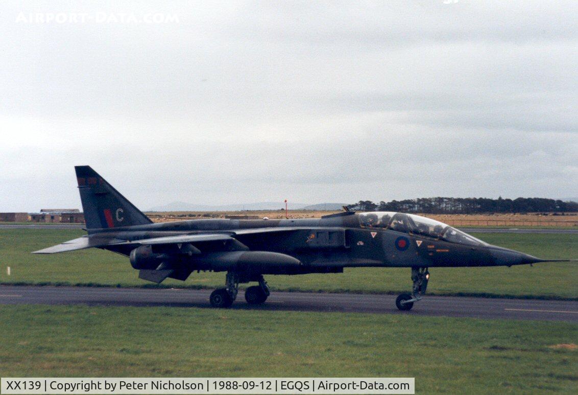 XX139, 1973 Sepecat Jaguar T.2A C/N B.4, Jaguar T.2A of 226 Operational Conversion Unit taxying to the active runway at RAF Lossiemouth in September 1988.