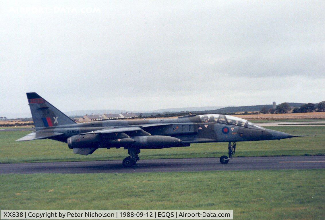 XX838, 1975 Sepecat Jaguar T.2A C/N B.26, Jaguar T.2A of 226 Operational Conversion Unit taxying to the active runway at RAF Lossiemouth in September 1988.