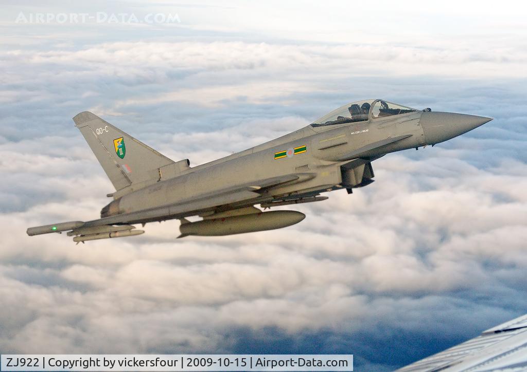 ZJ922, 2006 Eurofighter EF-2000 Typhoon FGR4 C/N 0073/BS013, Royal Air Force Typhoon FGR4. On air test from Warton after upgrade from F2 to FGR4. Wearing 3 Squadron markings and coded 'QO-C'. Over the Irish Sea.