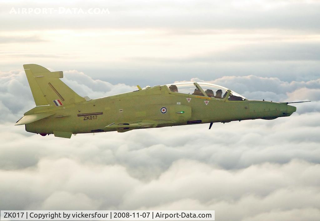 ZK017, 2008 British Aerospace Hawk T2 C/N RT008/1246, BAE Warton. This aircraft was on its first flight, departing Brough and landing at Warton. Taken over the Irish Sea at dusk.