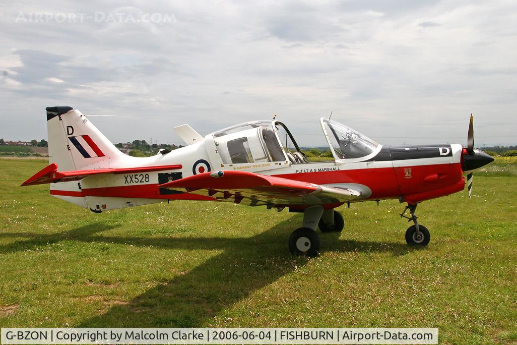 G-BZON, 1973 Scottish Aviation Bulldog T.1 C/N BH120/214, Scottish Aviation Bulldog T1 at Fishburn Airfield in 2008. Ex RAF XX528 having served with Oxford UAS (University Air Squadron) at RAF Benson.