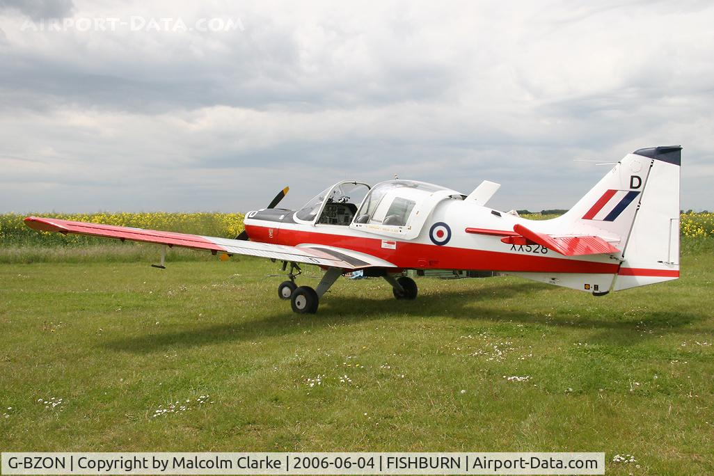 G-BZON, 1973 Scottish Aviation Bulldog T.1 C/N BH120/214, Scottish Aviation Bulldog T1 at Fishburn Airfield in 2008. Ex RAF XX528 having served with Oxford UAS (University Air Squadron) at RAF Benson.