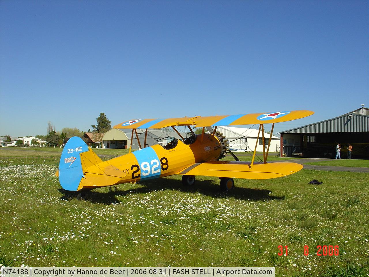 N74188, 1941 Boeing PT-17 Kaydet (A75N1) C/N 75-2936, 75-2936 although 2928.  Two Stearmans crashed in '70 and for some reason 2928 ended up on the fuselage but it is 2936.  We bought ZS-MIC in Dec 2006
