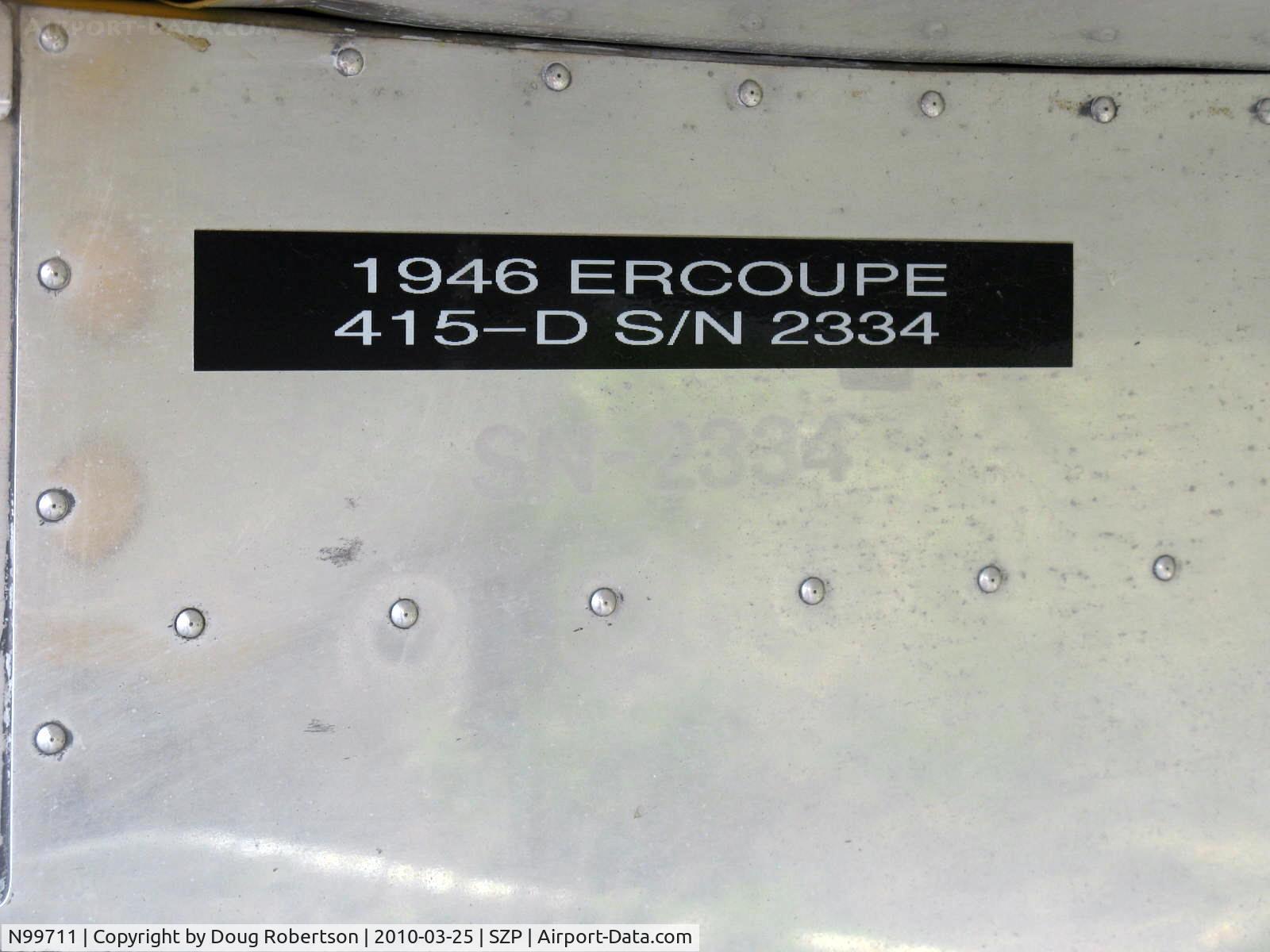 N99711, 1946 Erco 415D Ercoupe C/N 2334, 1946 ERCO ERCOUPE 415-D, Continental O-200 100 Hp upgrade, data plate
