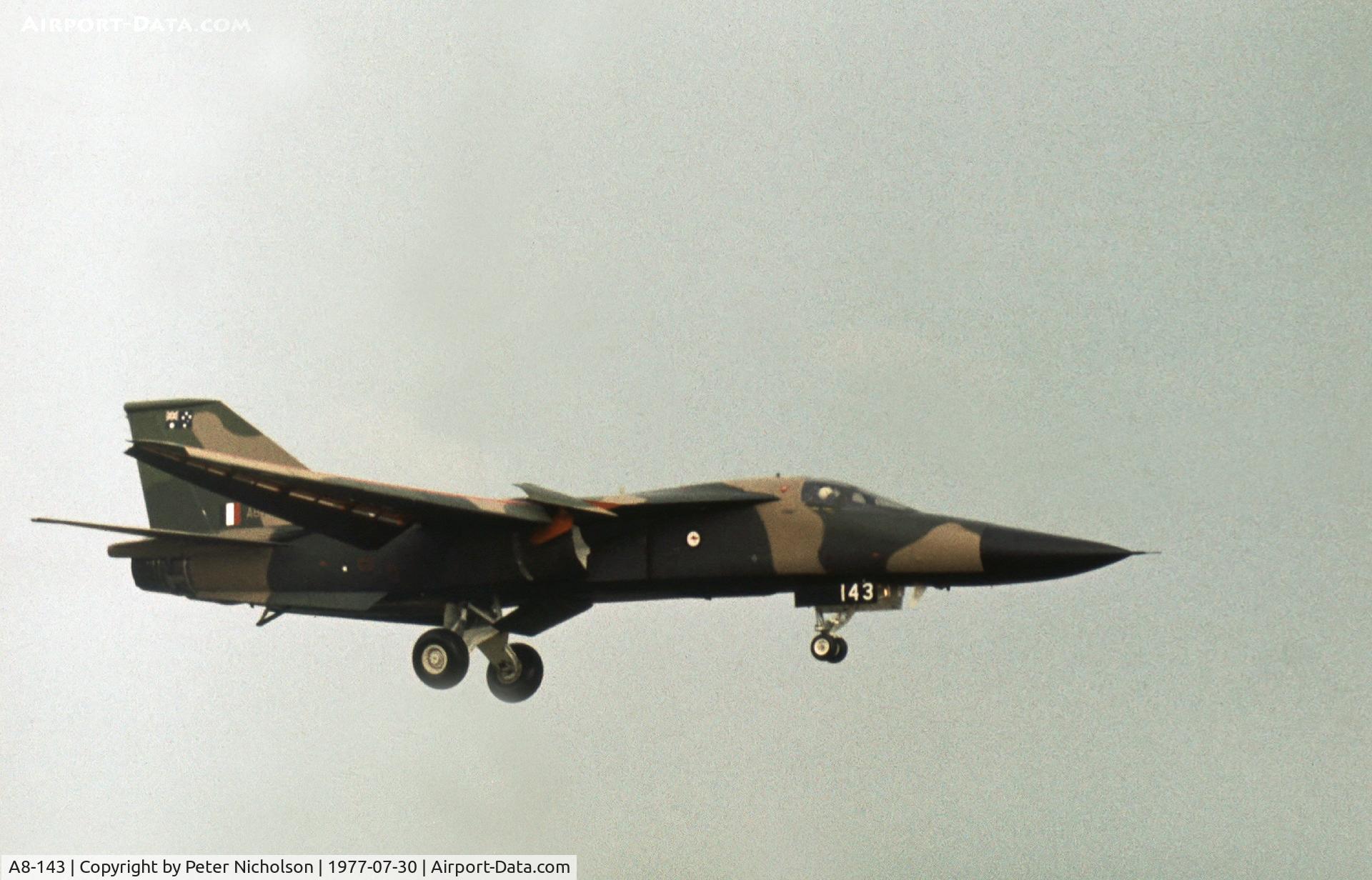 A8-143, 1973 General Dynamics F-111C Aardvark C/N D1-19, Another view of the F-111C of 6 Squadron RAAF which attended the 1977 Royal Review at RAF Finningley.