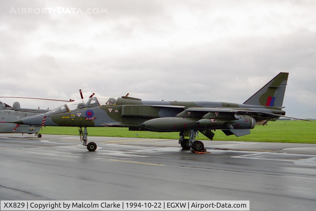 XX829, 1974 Sepecat Jaguar T.2A C/N B.17, Sepecat Jaguar T2A. Flown by the RAF No 6 Sqn based at Coltishall and seen at RAF Waddington's Photocall 94 in very adverse weather.