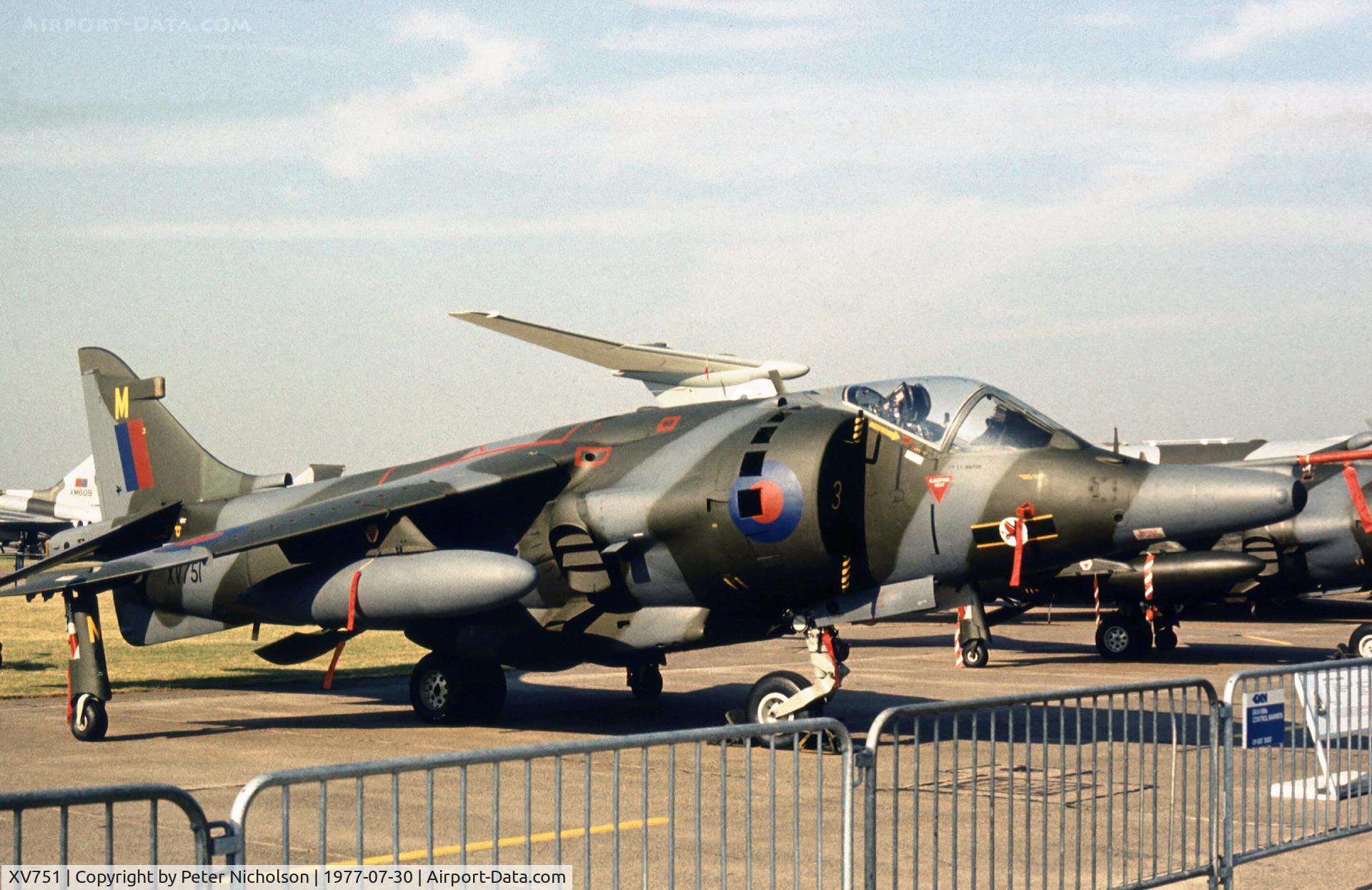 XV751, 1969 Hawker Siddeley Harrier GR.3 C/N 712014, Harrier GR.3 of 3 Squadron on display at the 1977 Royal Review at RAF Finningley.