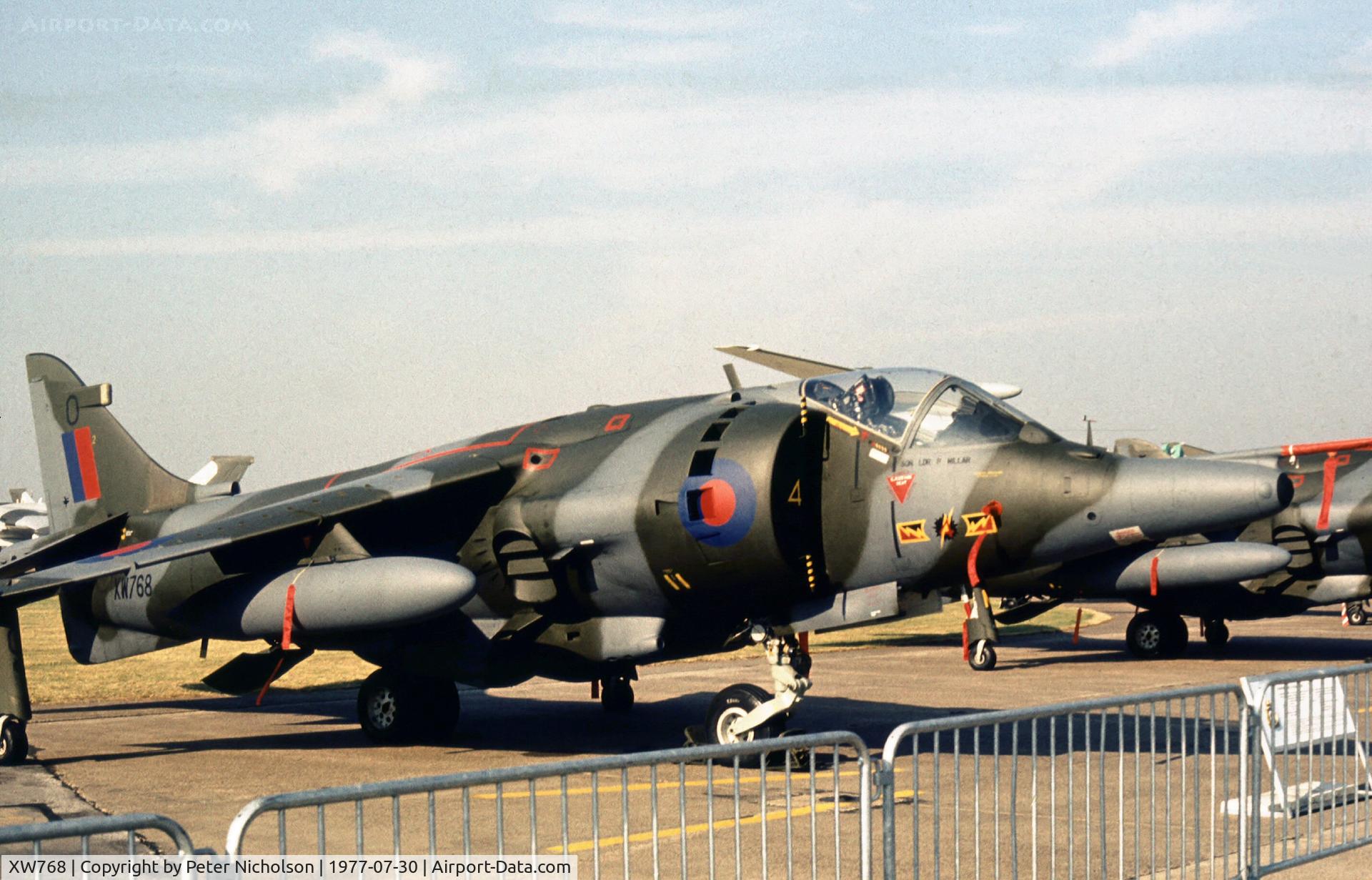 XW768, 1971 Hawker Siddeley Harrier GR.3 C/N 712085, Harrier GR.3 of 4 Squadron on display at the 1977 Royal Review at RAF Finningley.