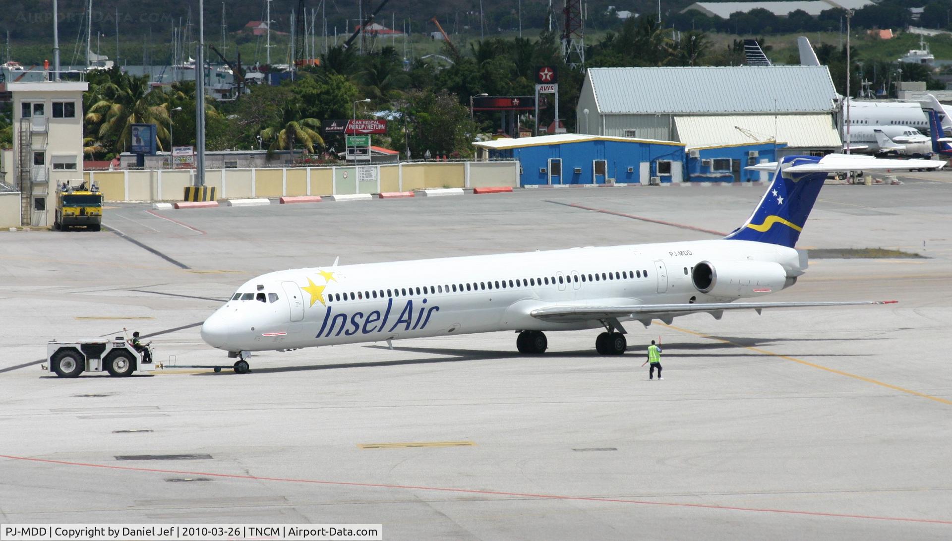 PJ-MDD, 1990 McDonnell Douglas MD-82 (DC-9-82) C/N 49972, INSEL AIR PJ-MDD being pushed back from the gates at TNCM