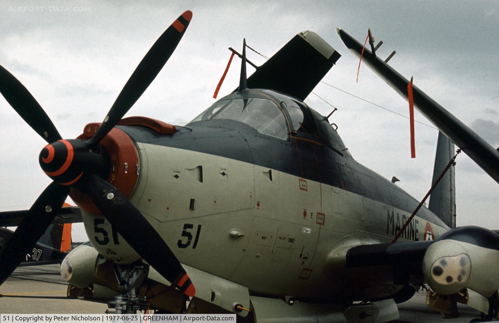 51, Breguet Br.1050 Alize C/N 51, Another view of the 4 Flotille Breguet Alize in the static park at the 1977 Intnl Air Tattoo at RAF Greenham Common.