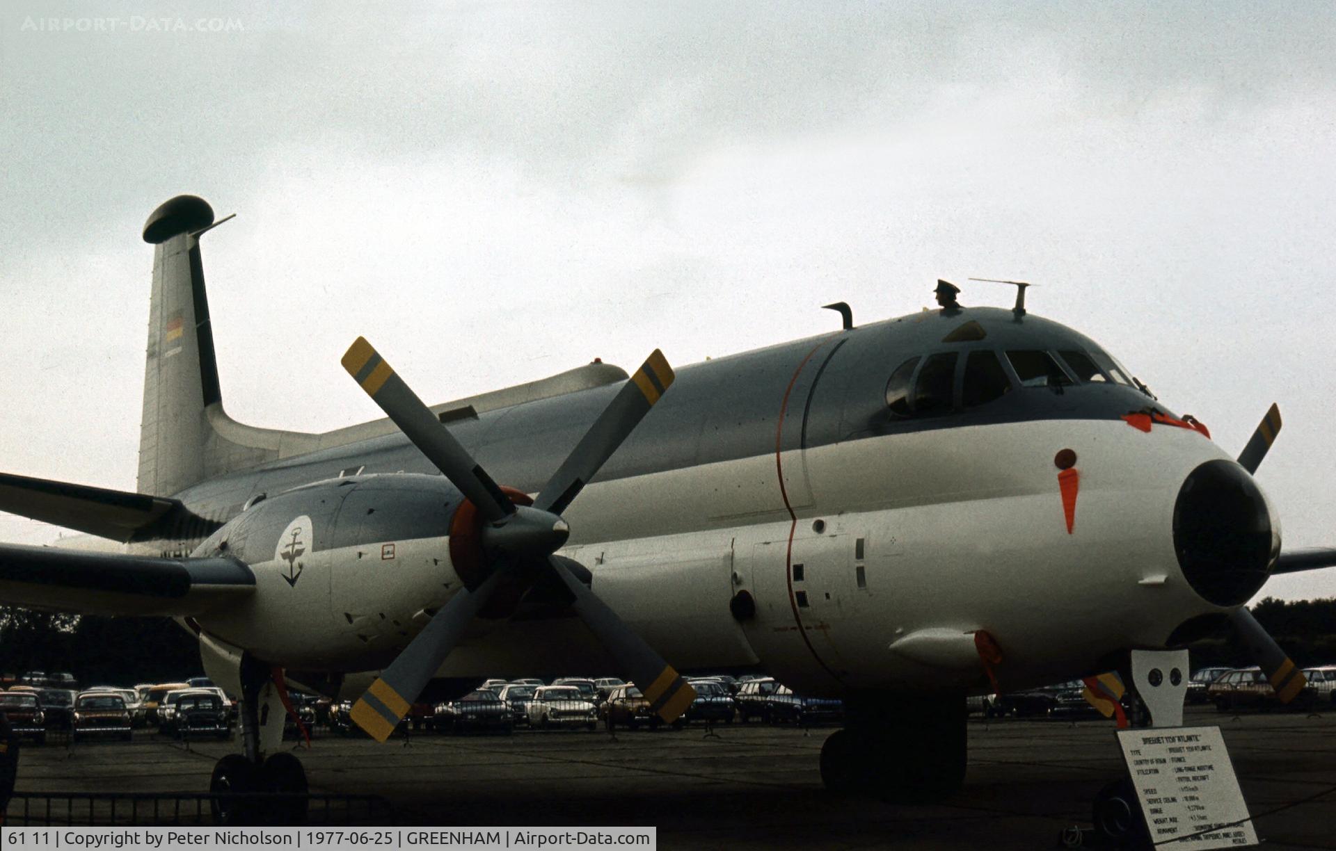 61 11, Breguet 1150 Atlantic C/N 22, Atlantic of Kreigsmarine MFG-3 on display at the 1977 Inntl Air Ttatoo at RAF Greenham Common.