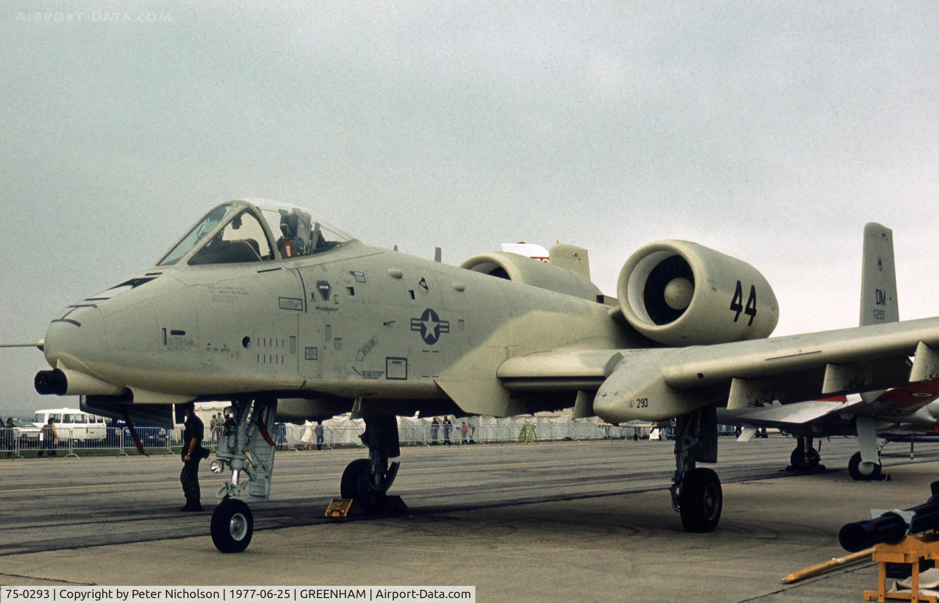 75-0293, 1975 Fairchild Republic A-10A Thunderbolt II C/N A10-0042, A-10A Thunderbolt of 355th Tactical Fighter Wing at Davis-Monthan AFB on display at the 1977 Intnl Air Tattoo at RAF Greenham Common and still wearing the code 44 from earlier attendance at the Paris Airshow.
