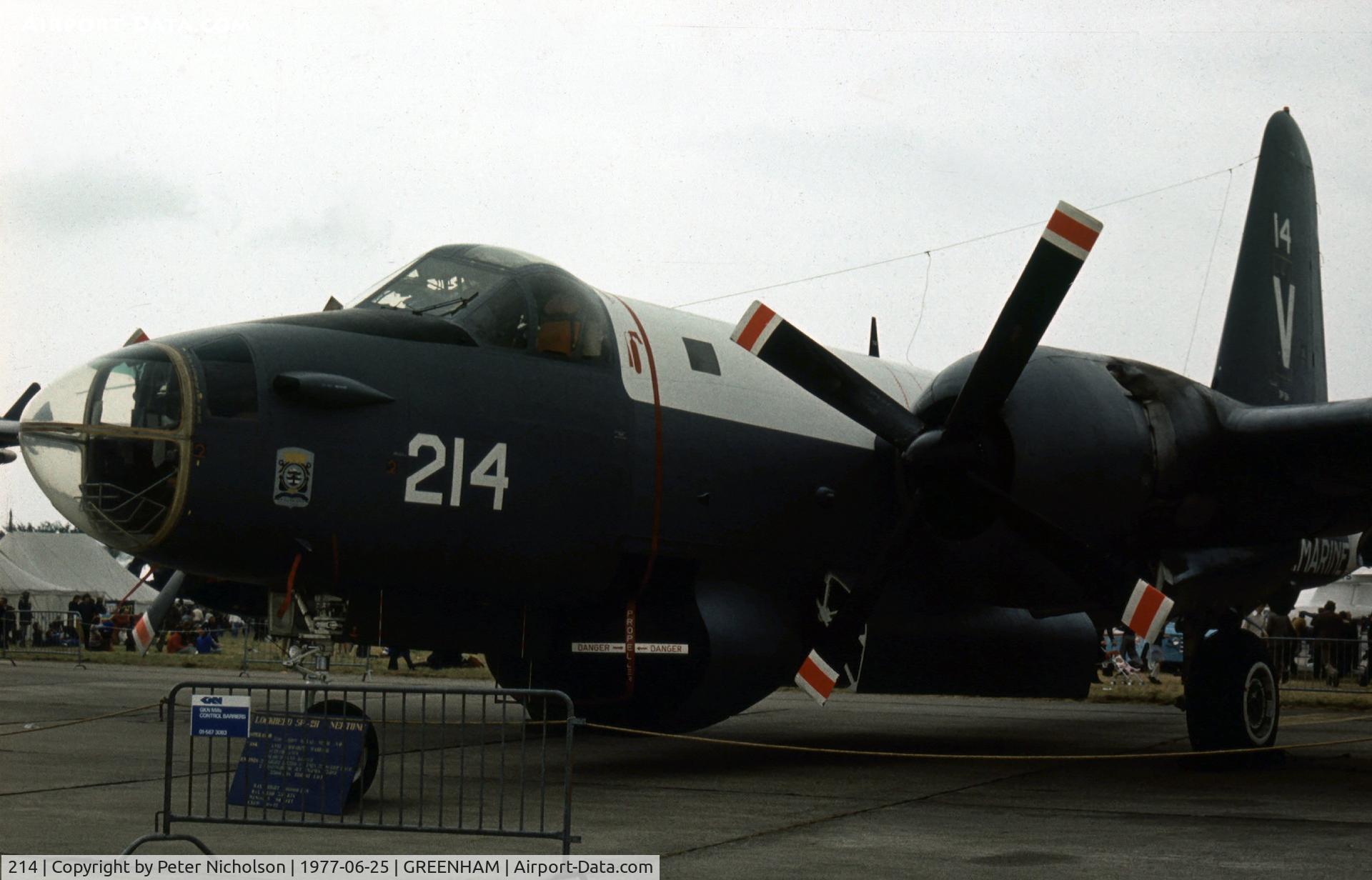 214, Lockheed SP-2H Neptune C/N 726-7269, SP-2H Neptune of 320 Squadron Royal Netherlands Navy based at Valkenburg Naval Air Station on display at the 1977 Intnl Air Tattoo at RAF Greenham Common.