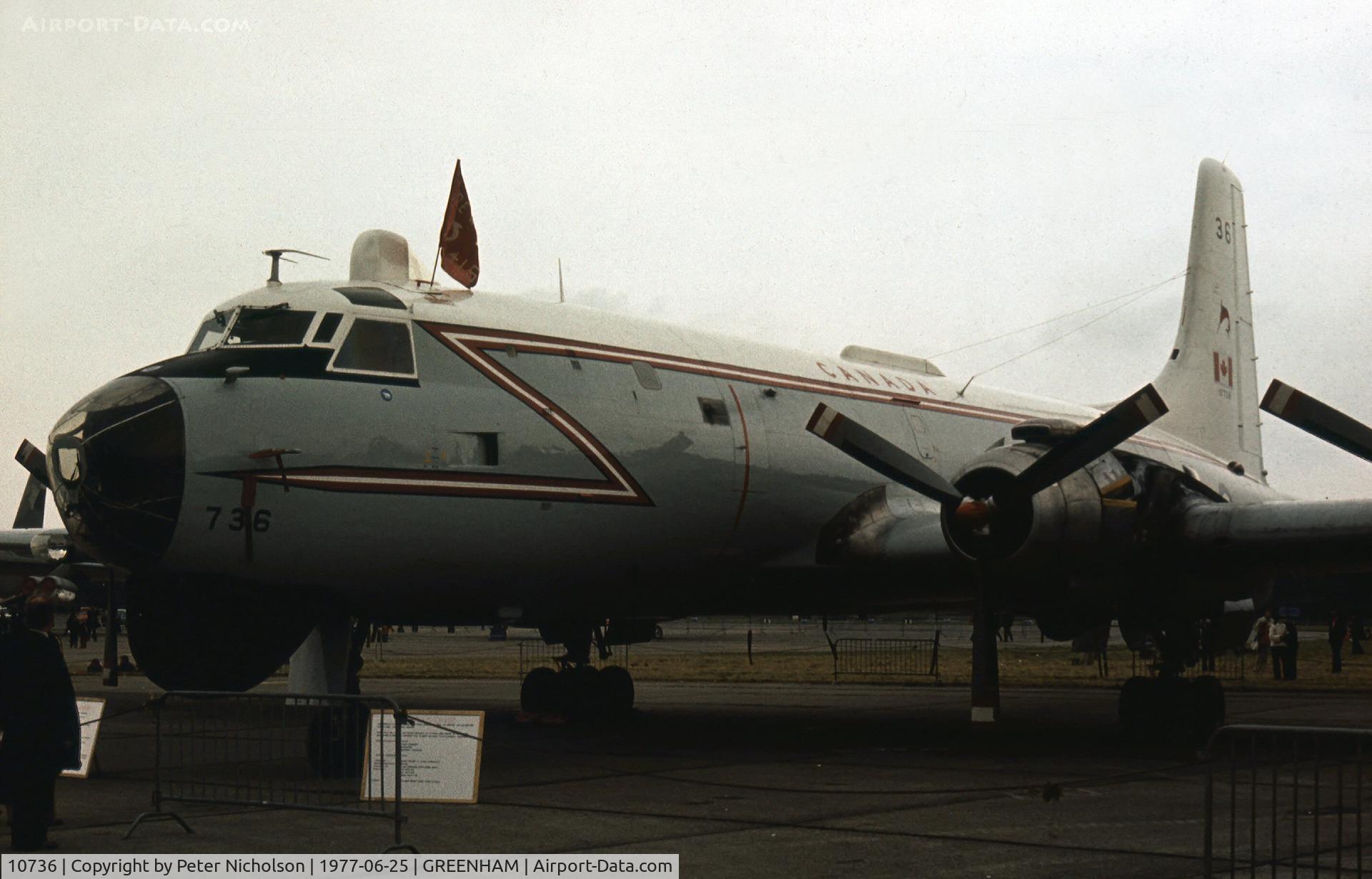 10736, Canadair CP-107 Argus 2 (CL-28-2) C/N 36, CP-107 Argus of 415 Squadron Canadian Armed Forces on display at the 1977 Intnl Air Tattoo at RAF Greenham Common.