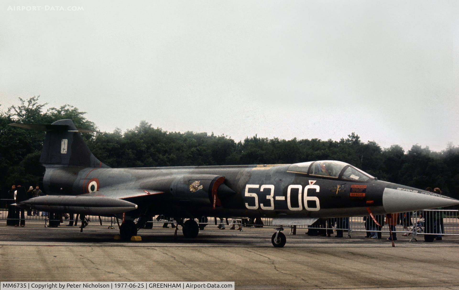 MM6735, Aeritalia F-104S Starfighter C/N 1035, F-104S Starfighter of 53 Stormo on display at the 1977 Intnl Air Tattoo at RAF Greenham Common.
