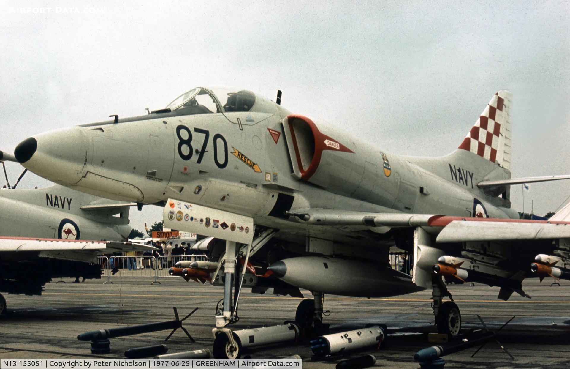 N13-155051, 1968 Douglas A-4G Skyhawk C/N 13867, A-4G Skyhawk of 805 Squadron Royal Australian Navy on display at the 1977 Intnl Air Tattoo at RAF Greenham Common.