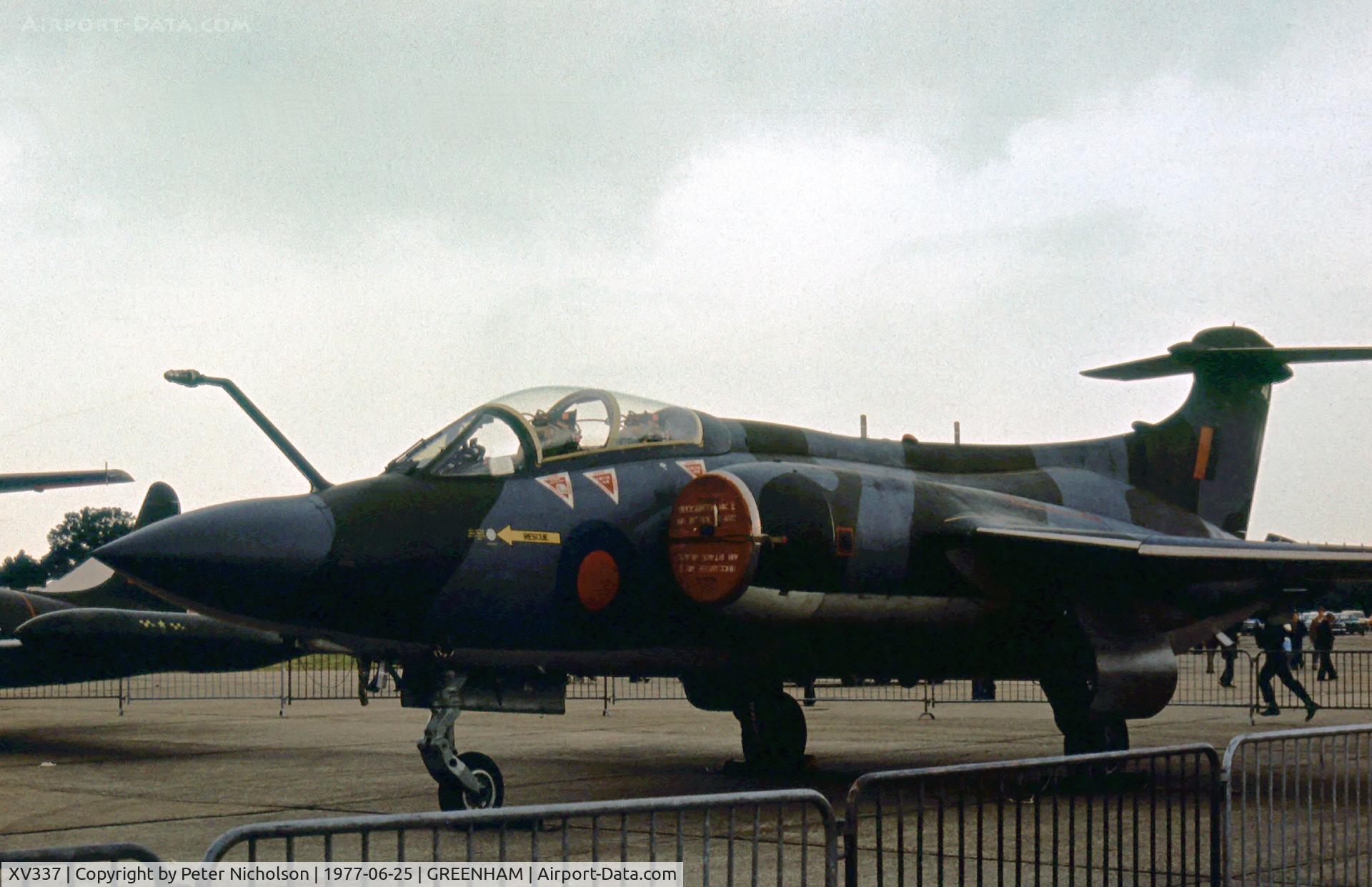 XV337, 1967 Hawker Siddeley Buccaneer S.2B C/N B3-15-66, Buccaneer S.2 of the Aircraft & Armament Experimental Establishment at Boscombe Down on display at the 1977 Intnl Air Tattoo at RAF Greenham Common.