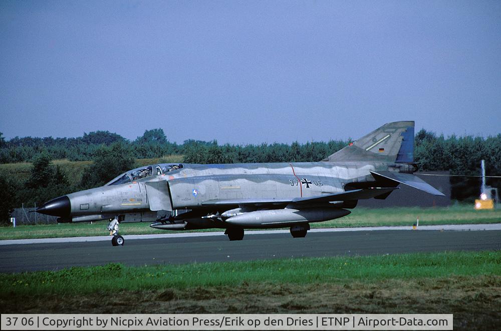 37 06, 1972 McDonnell Douglas F-4F Phantom II C/N 4356, with blue ACM squares and in QRA configuration on the ryunway at Hopsten AB, Germany