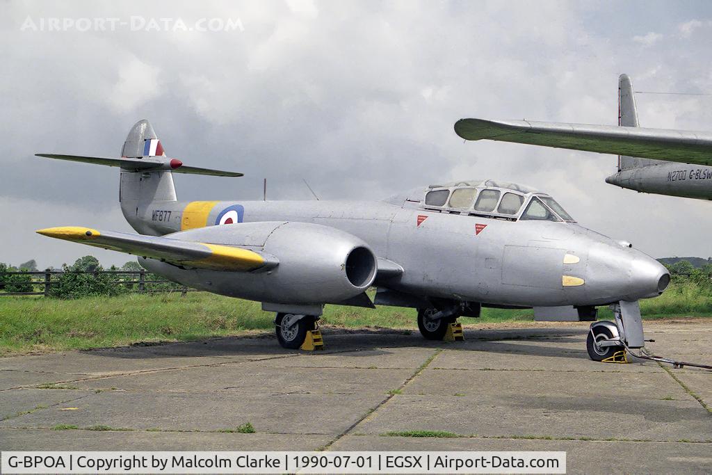 G-BPOA, 1951 Gloster Meteor T.7 C/N Not found WF877/G-BPOA, Gloster Meteor T7 at North Weald Airfield in 1990. Removed from the civil register in 1996. Currently held dismantled at The Imperial War Museum, Duxford.