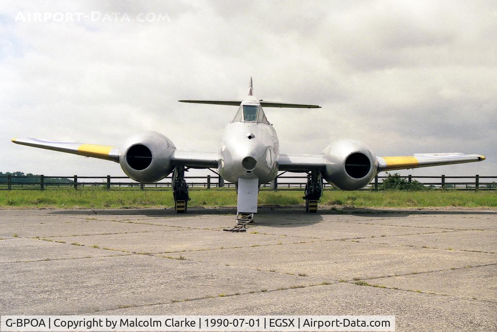 G-BPOA, 1951 Gloster Meteor T.7 C/N Not found WF877/G-BPOA, Gloster Meteor T7 at North Weald Airfield in 1990. Removed from the civil register in 1996. Currently held dismantled at The Imperial War Museum, Duxford.