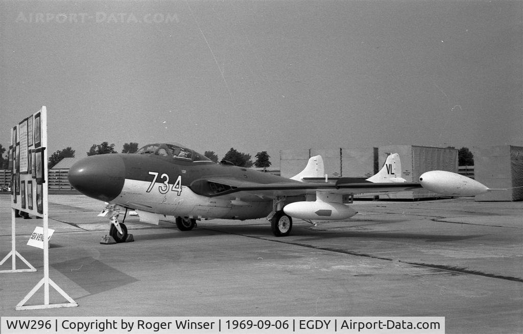 WW296, 1955 De Havilland DH-112 Sea Venom FAW.22 C/N 12893, Coded 734/VL and operated by Airworks ADTU at RNAS Yeovilton in 1969