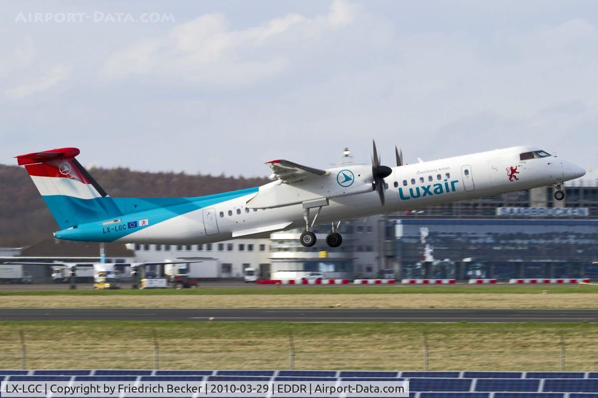 LX-LGC, 2007 De Havilland Canada DHC-8-402Q Dash 8 C/N 4162, departing EDDR via echo departure route