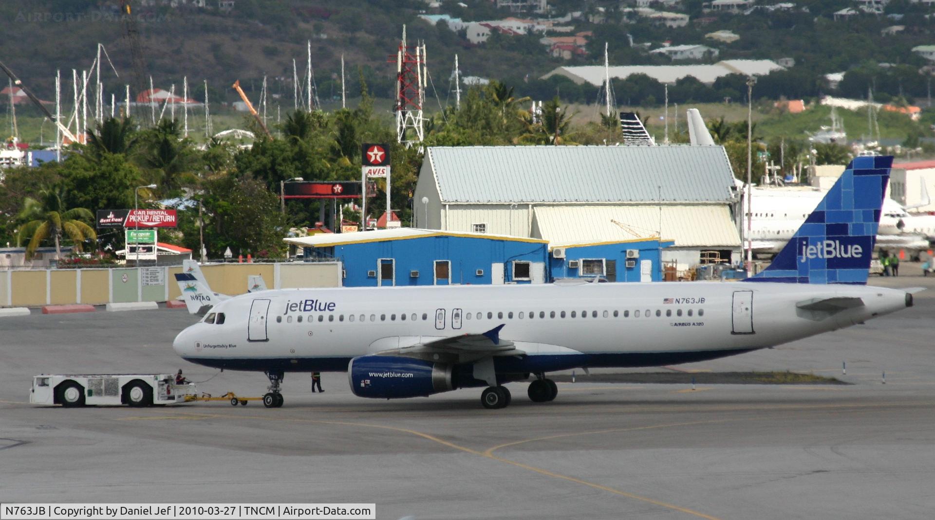 N763JB, 2008 Airbus A320-232 C/N 3707, Jet Blue N763JB being push back from the gates at TNCM