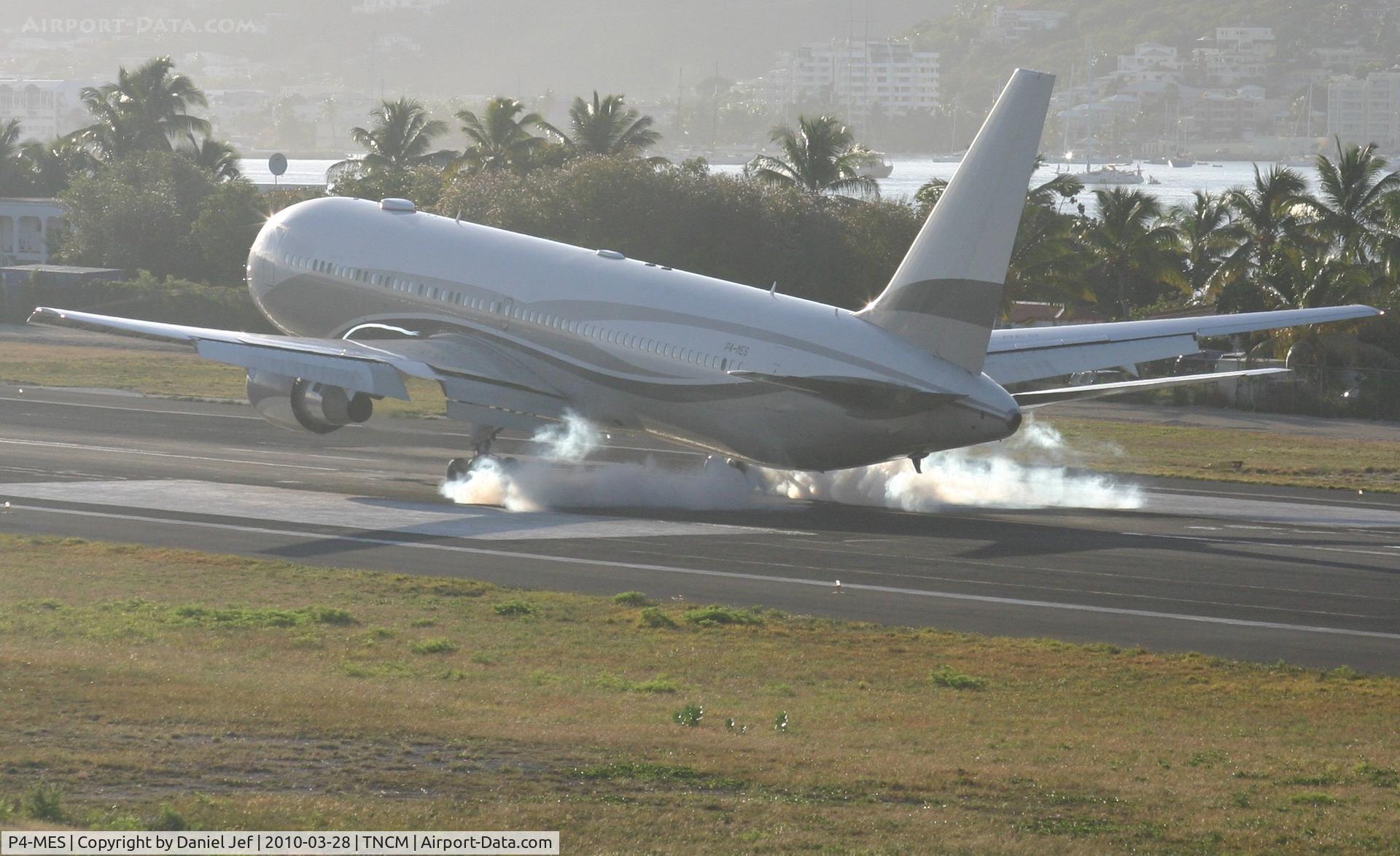 P4-MES, 2003 Boeing 767-33A C/N 33425, Touch down time for the P4-MES after a long night flight. And after a long time holding for the airport to open!!!!!!