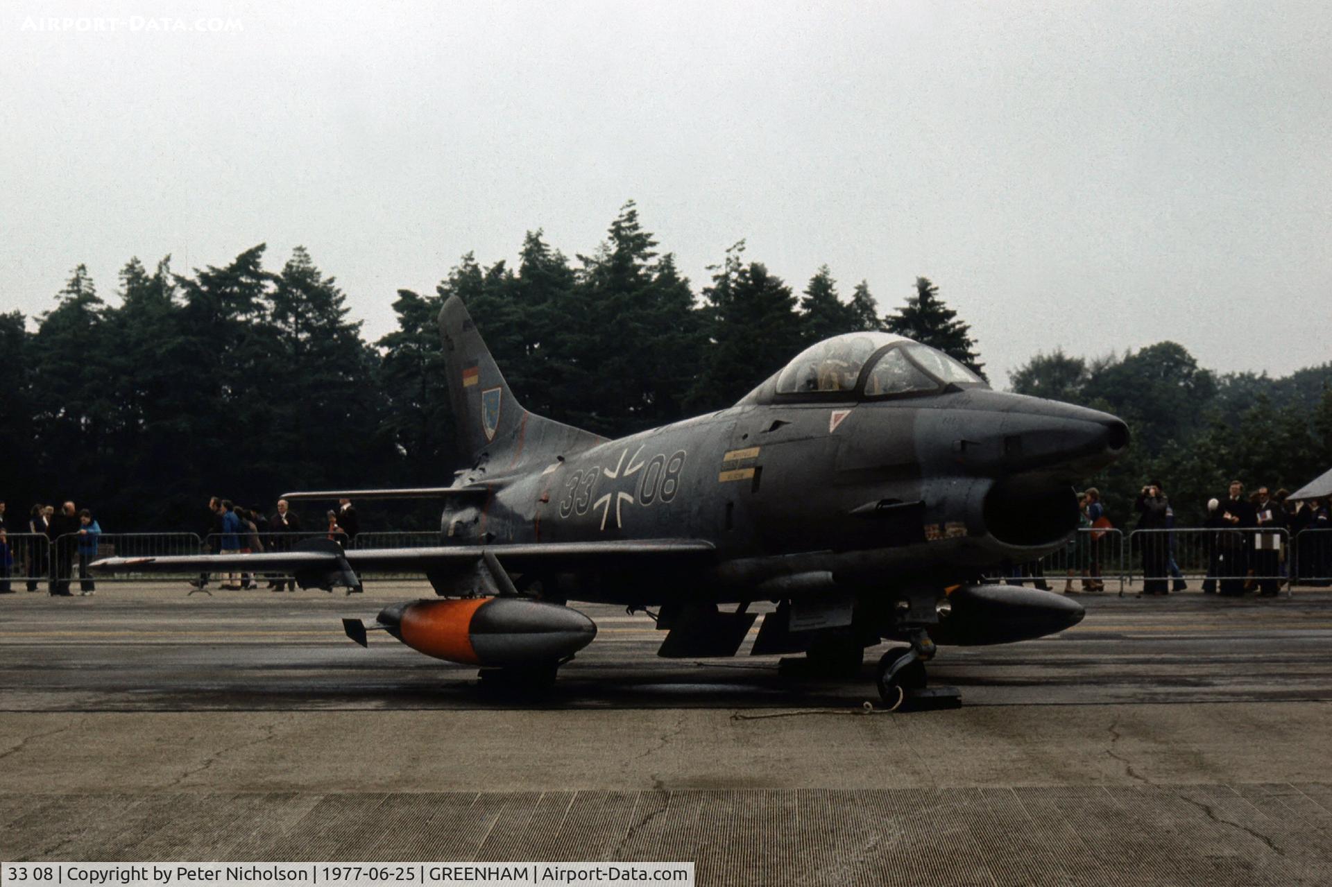 33 08, Fiat G-91R/3 C/N D579, G-91R-3 of LKG-43 in the static park at the 1977 Intnl Air Tattoo at RAF Greenham Common.