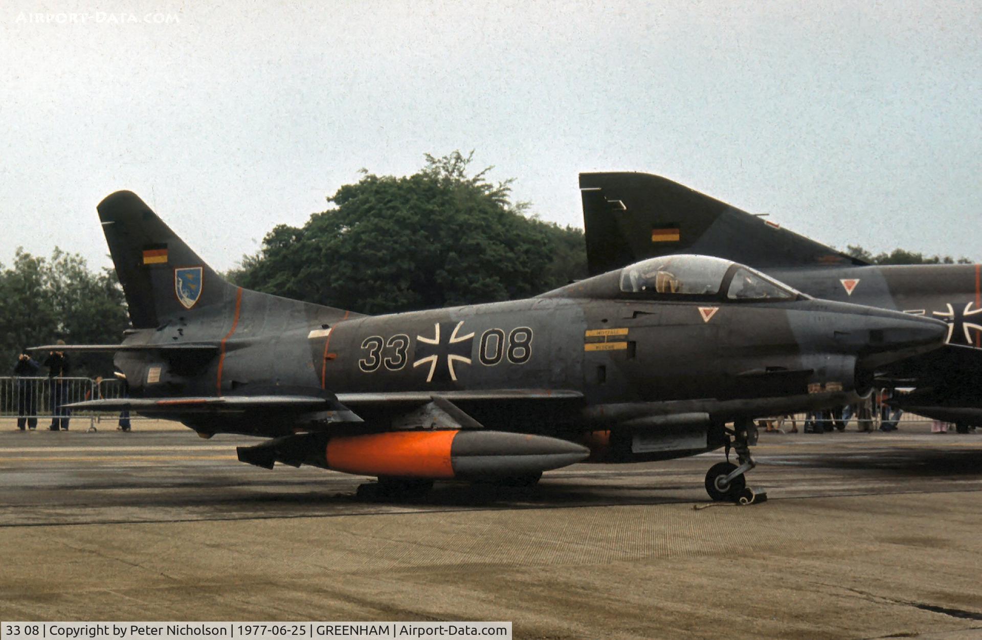 33 08, Fiat G-91R/3 C/N D579, Another view of one of the LKG-43 Fiat G-91R-3 aircraft on display at the 1977 Intnl Air Tattoo at RAF Greenham Common.