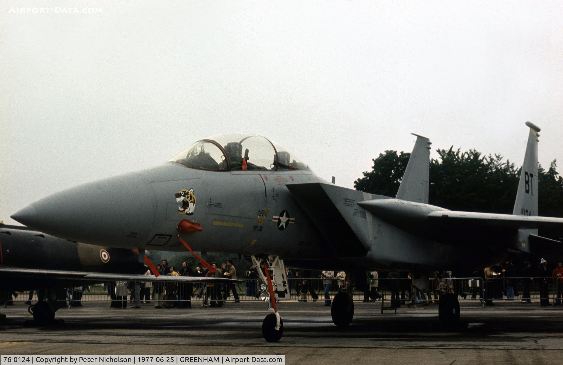 76-0124, 1976 McDonnell Douglas F-15B Eagle C/N 0185/B026, F-15B Eagle - at the time called TF-15A -  of 53rd Tactical Fighter Squadron/36th Tactical Fighter Wing based at Bitburg on display at the 1977 Intnl Air Tattoo at RAF Greenham Common.