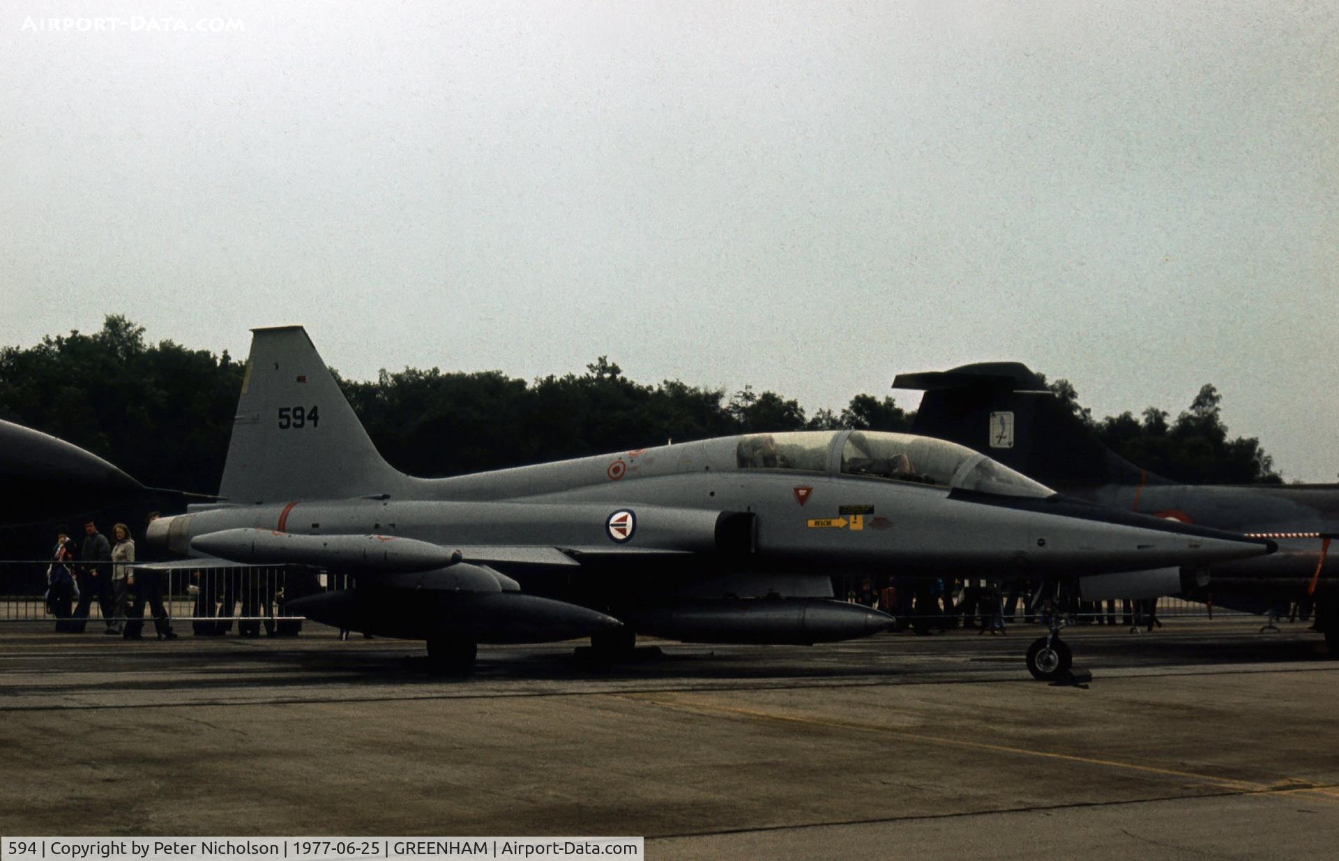 594, 1965 Northrop F-5B Freedom Fighter C/N N.9003, F-5B Freedom Fighter of 336 Skv Royal Norwegian Air Force on display at the 1977 Intnl Air Tattoo at RAF Greenham Common.