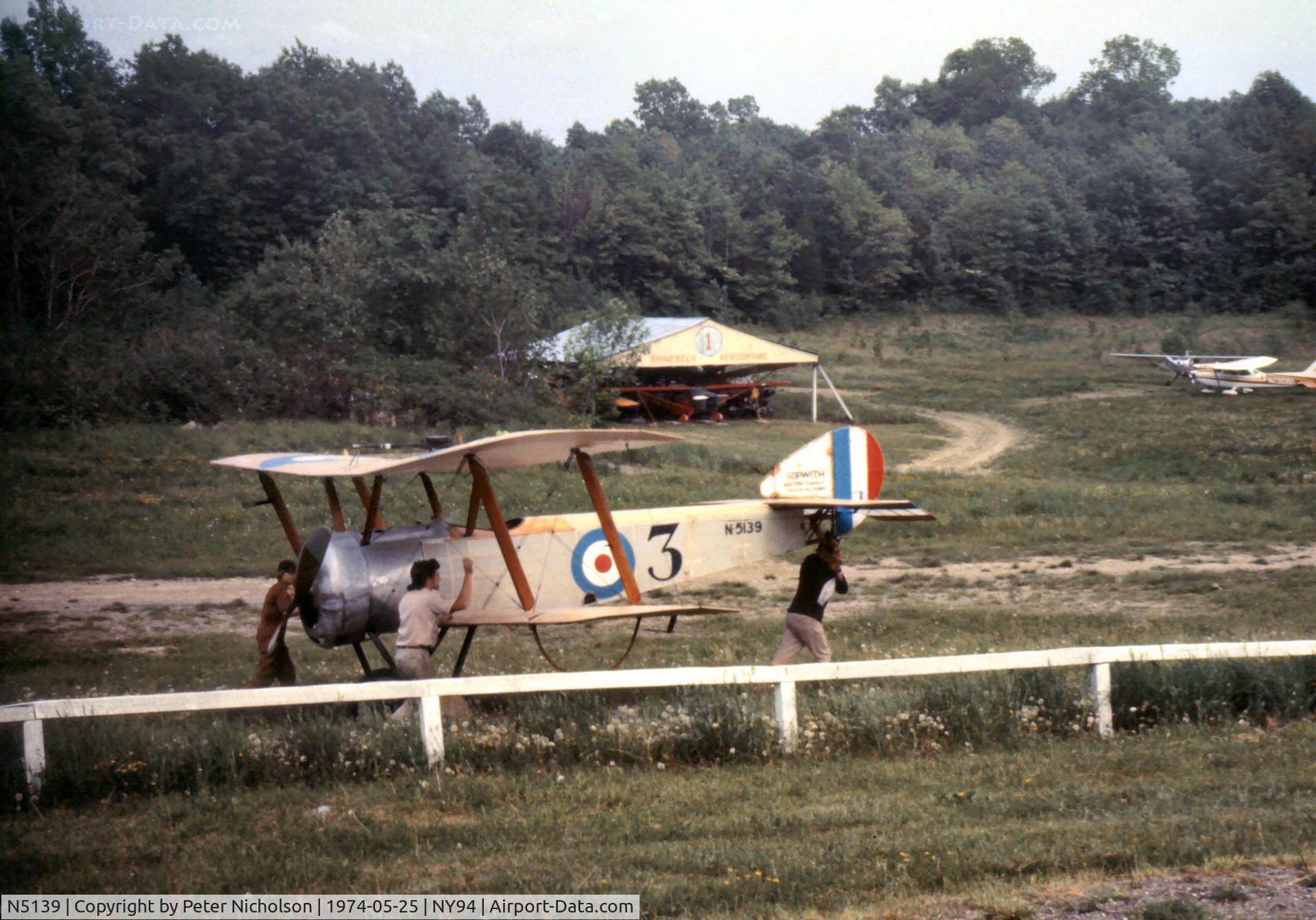 N5139, 1967 Sopwith Scout Replica C/N 83213, Perhaps more commonly known as a Sopwith Pup, this Scout was being positioned at Cole Palen's Old Rhinebeck Airshow in the Summer of 1975.