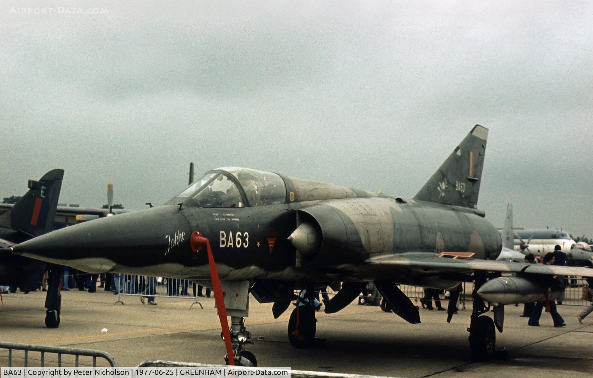 BA63, SABCA Mirage 5BA C/N 63, Mirage 5BA of 1 Squadron Belgian Air Force at the 1977 Intnl Air Tattoo at RAF Greenham Common.