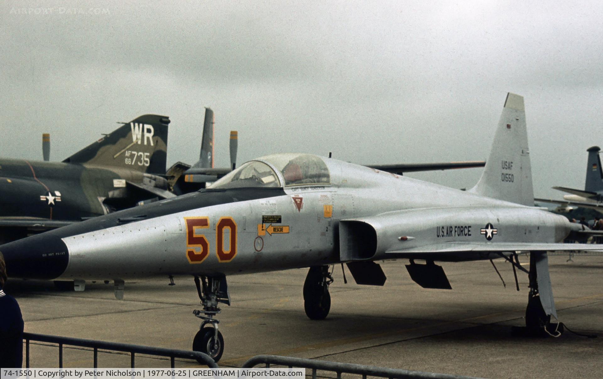 74-1550, 1974 Northrop F-5E Tiger II C/N R.1208, F-5E Tiger II of 527th Tactical Fighter Training Aggressor Squadron at RAF Alconbury on display at the 1977 Intnl Air Tattoo at RAF Greenham Common.