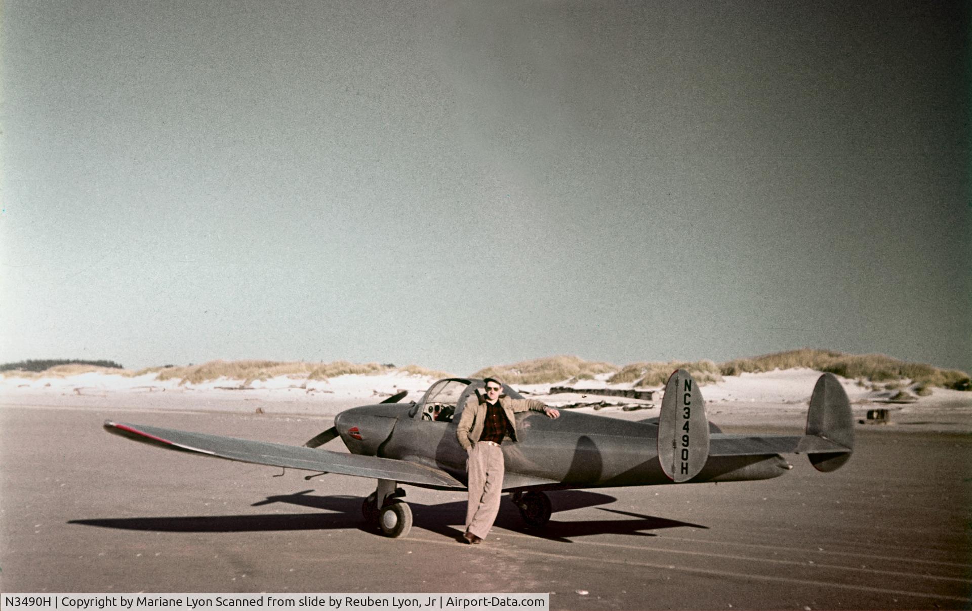 N3490H, 1946 Erco 415C Ercoupe C/N 4115, Original owner Reuben Lyon on beach near North Bend, Or 1948-49
