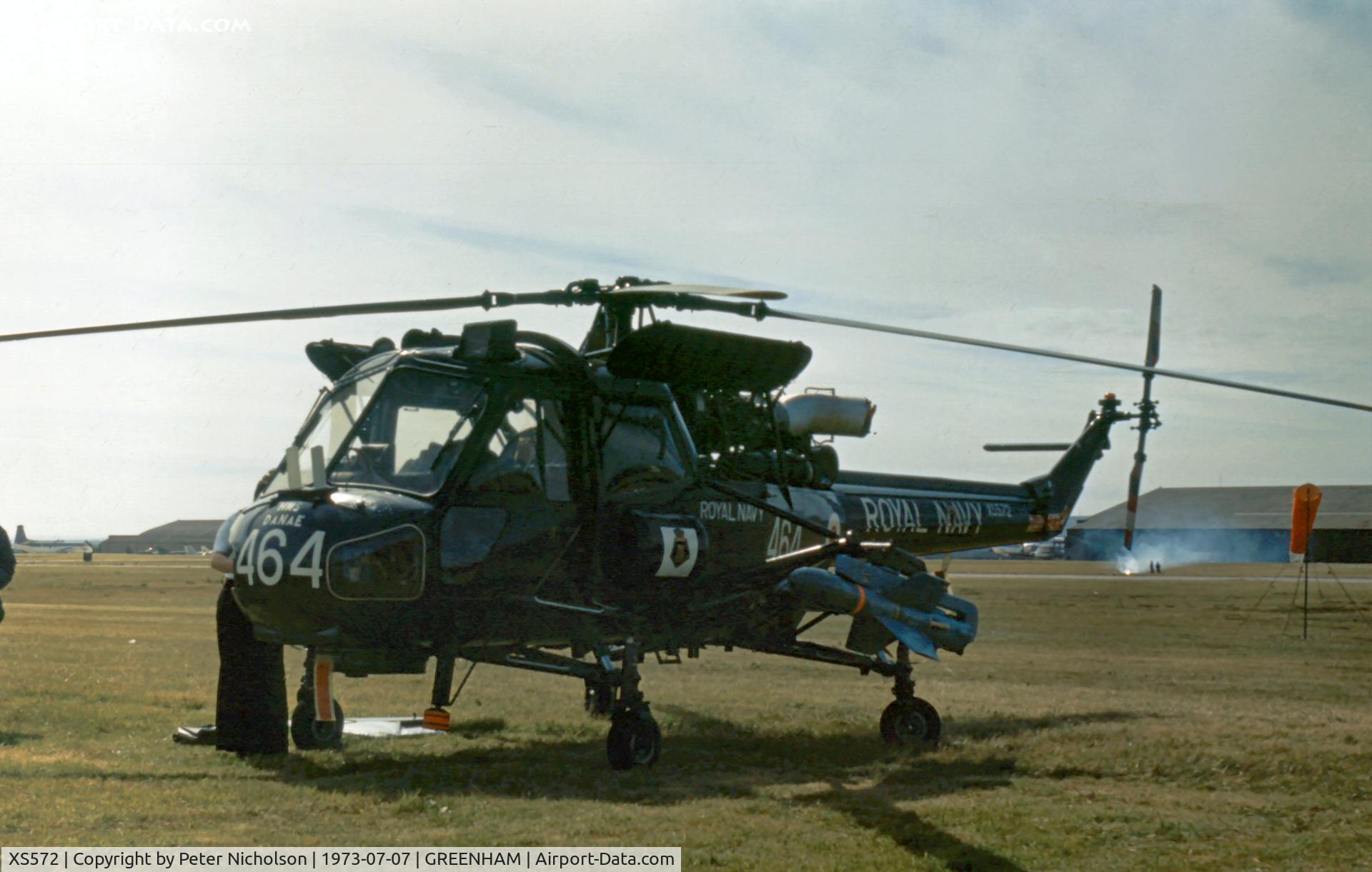 XS572, 1964 Westland Wasp HAS.1 C/N F9583, Wasp HAS.1 of 829 Squadron aboard HMS Danae on display at the 1973 Intnl Air Tattoo at RAF Greenham Common.