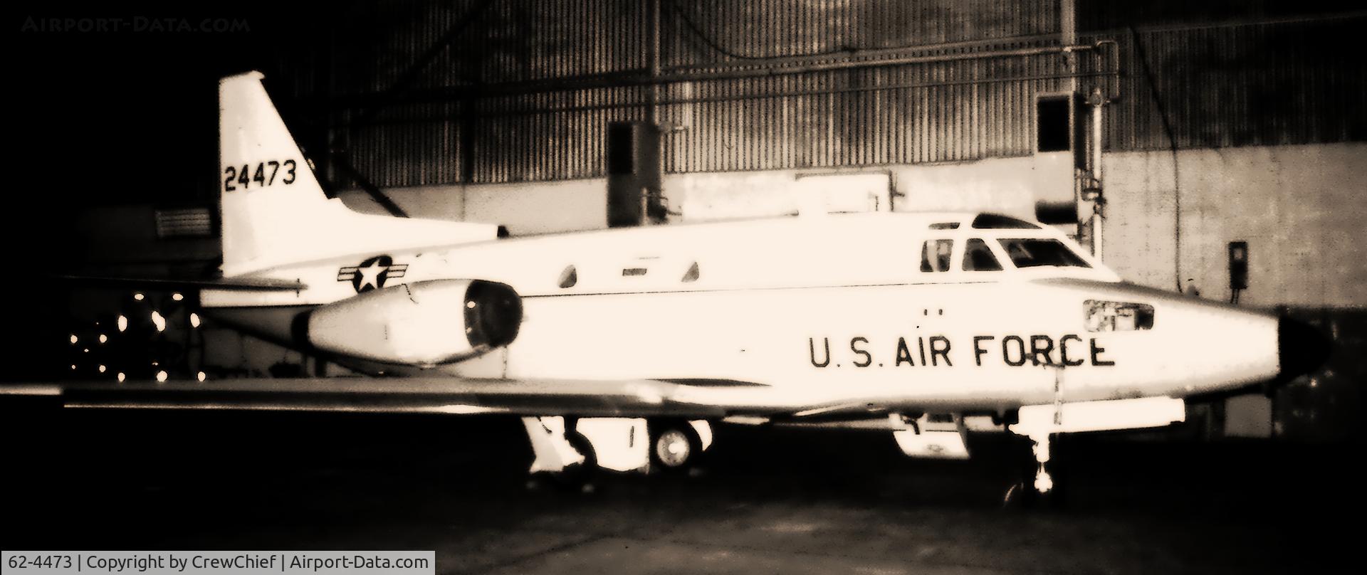 62-4473, 1962 North American CT-39A Sabreliner C/N 276-26, BW of aircraft in hanger, Ramstien, Germany circ 1976