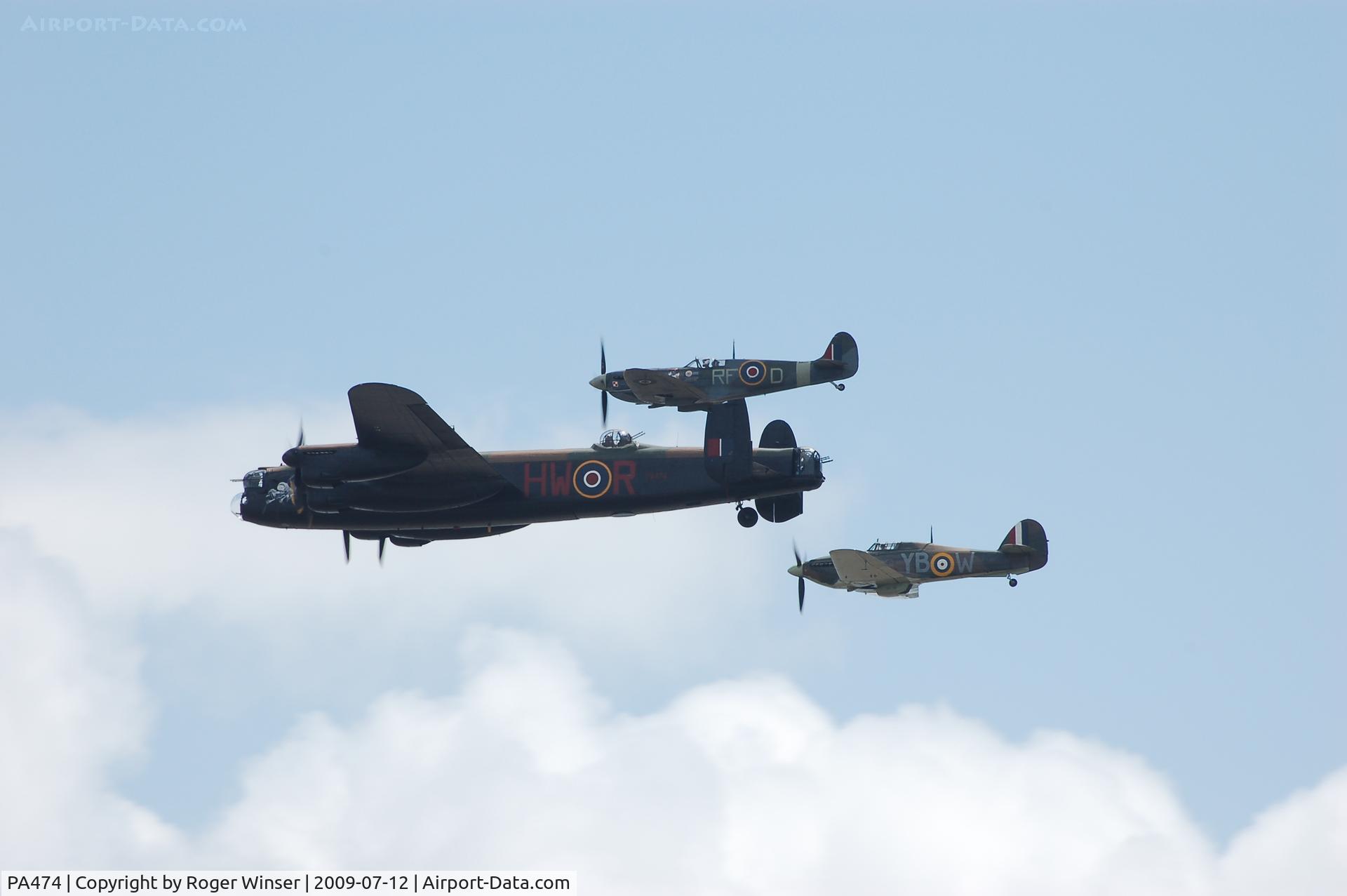 PA474, 1945 Avro 683 Lancaster B1 C/N VACH0052/D2973, Off airport. PA474 (coded BQ-B and HW-R) with little friends (Spitfire AB910 and Hurricane LF363) at the Wales National Airshow, Swansea Bay, Wales, UK