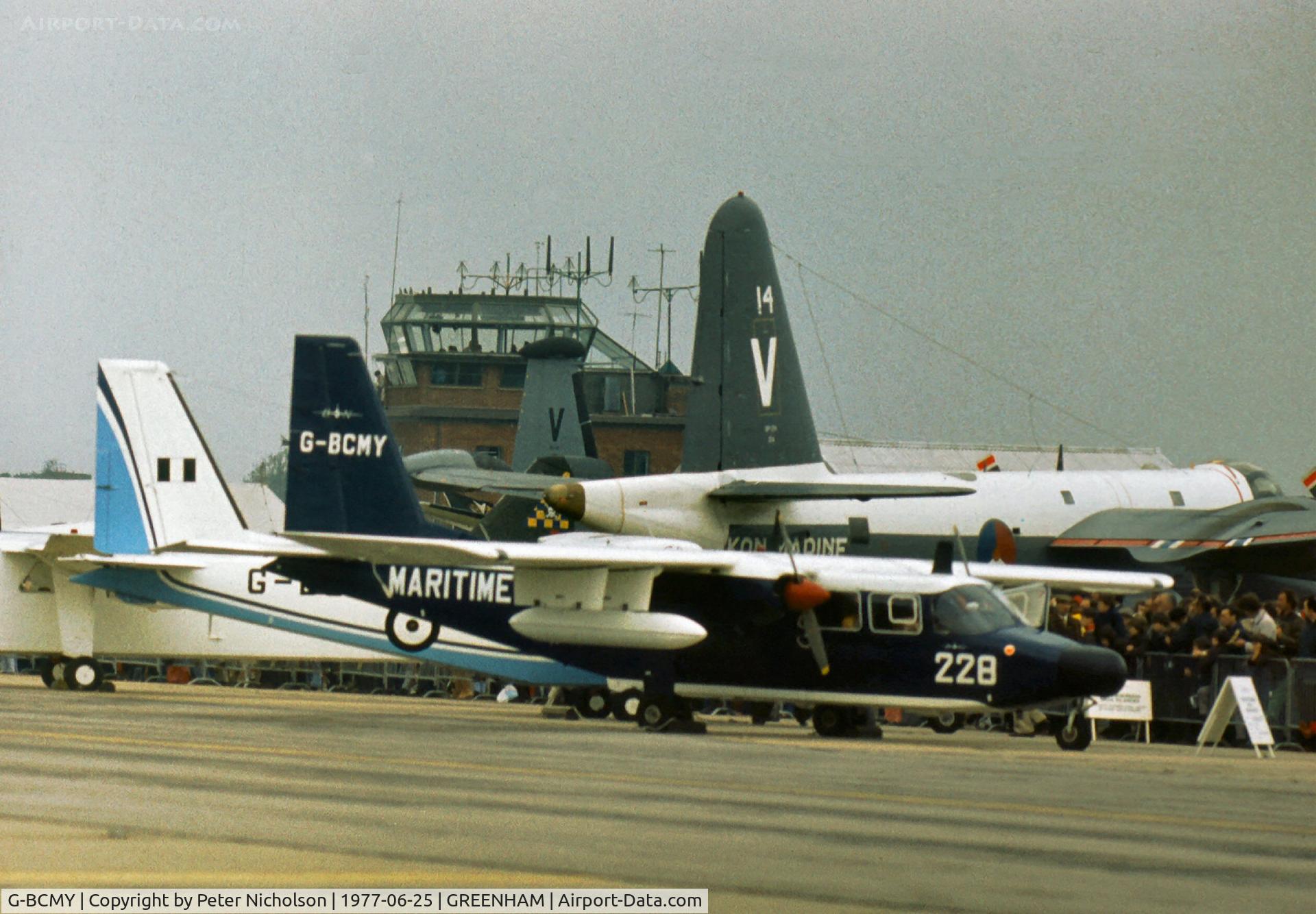 G-BCMY, 1974 Britten-Norman BN-2T Islander C/N 419, Maritime Defender version of the Islander at the 1977 Intnl Air Tattoo at RAF Greenham Common still displaying the Paris Air Show number 228 from earlier in the year.
