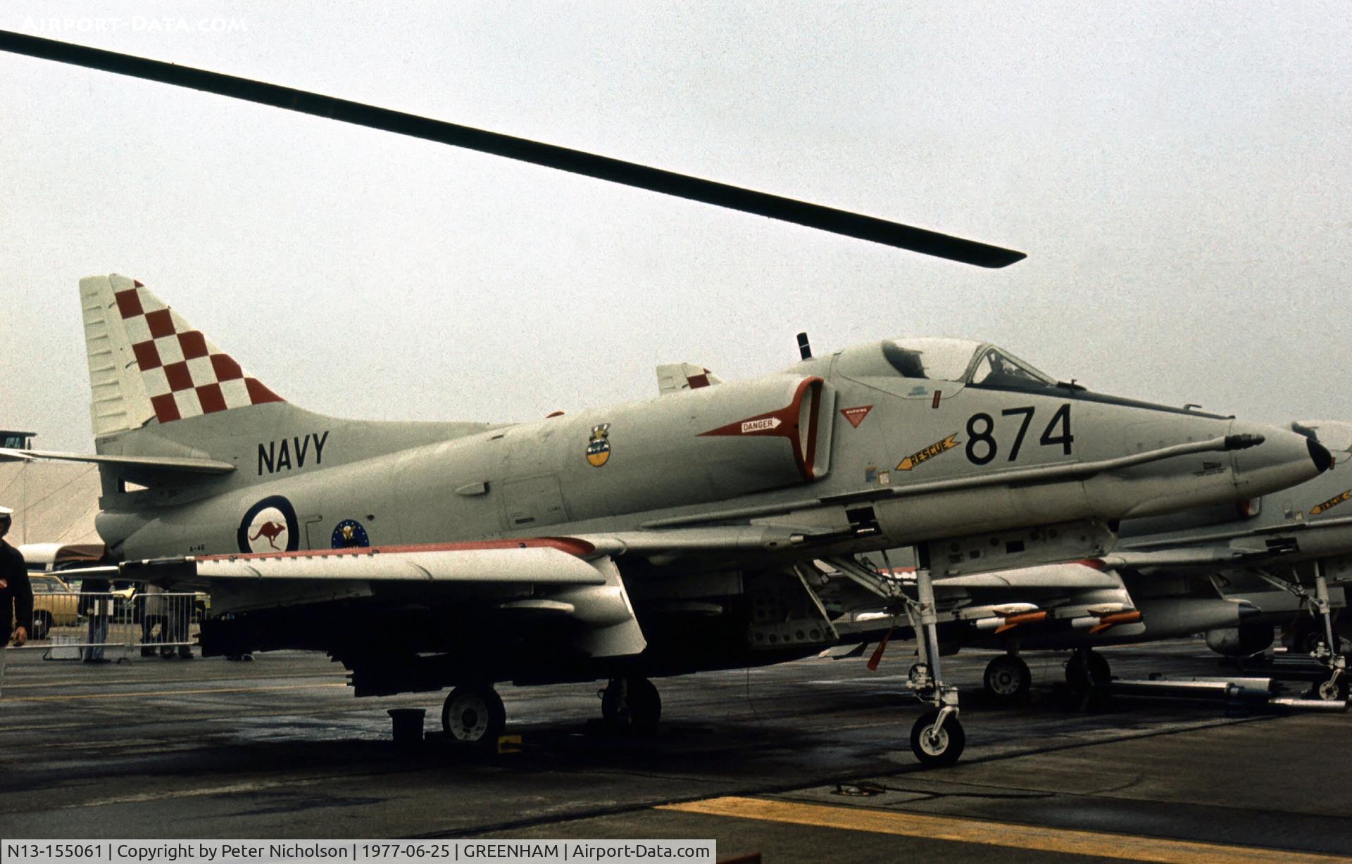 N13-155061, 1968 Douglas A-4G Skyhawk C/N 13877, A-4G Skyhawk of 805 Squadron Royal Australian Navy on display at the 1977 Intnl Air Tattoo at RAF Greenham Common.