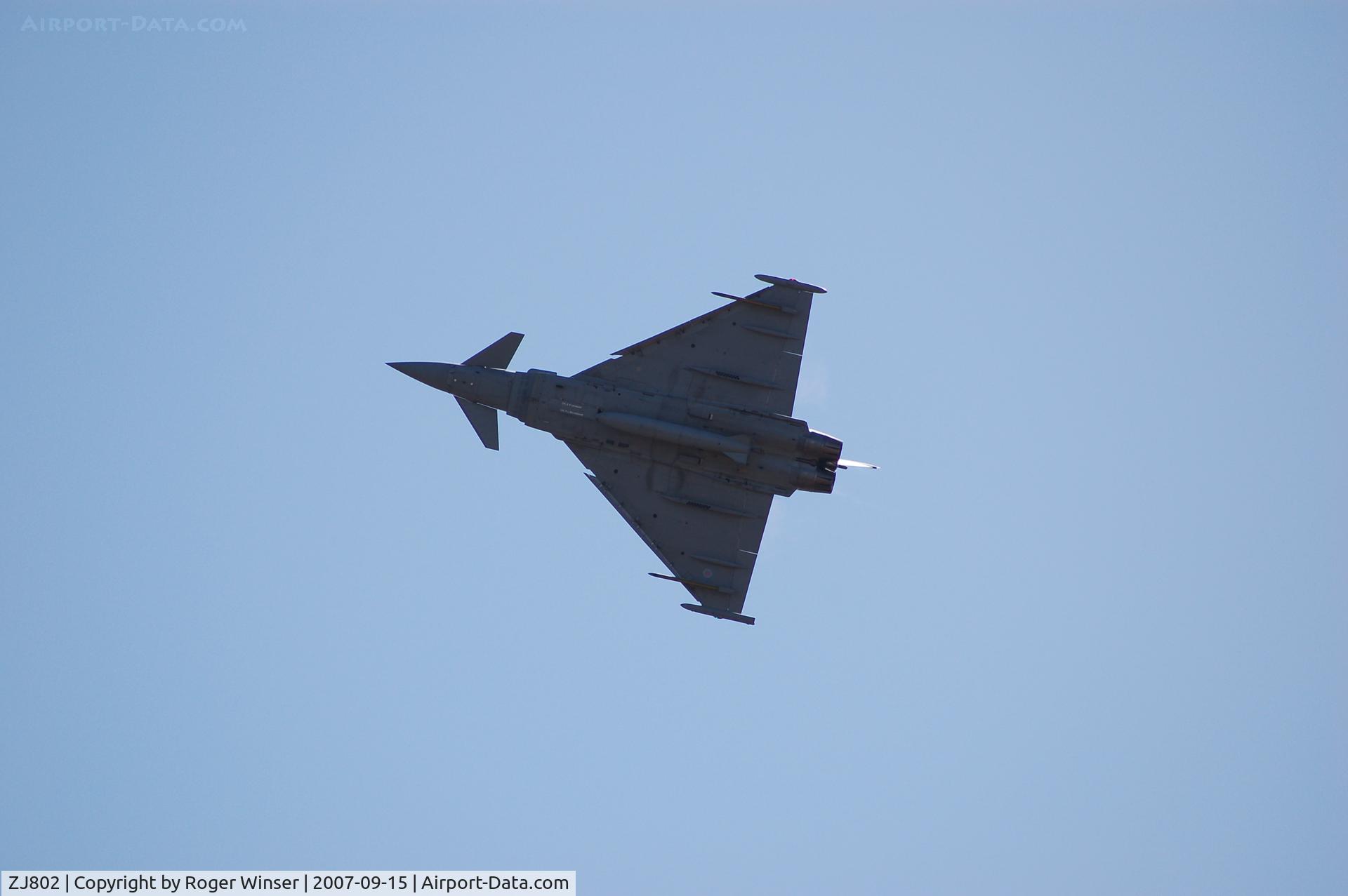 ZJ802, 2003 Eurofighter EF-2000 Typhoon T1 C/N 0011/BT003, Off airport. Coded BB of 29(R) Squadron RAF displaying at the Welsh Festival of the Air, Swansea Bay, Wales, UK