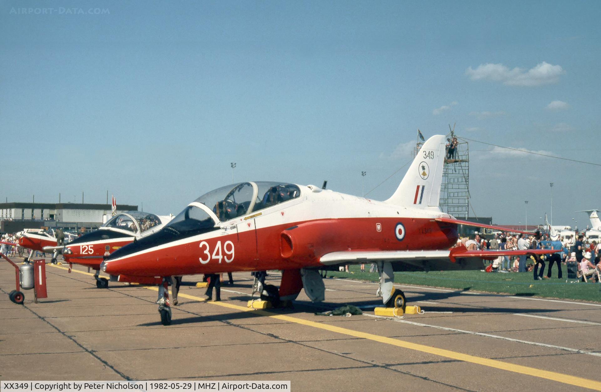 XX349, 1981 Hawker Siddeley Hawk T.1W C/N 198/312173, Hawk T.1 of RAF Valley's 4 Flying Training School on display at the 1982 RAF Mildenhall Air Fete.